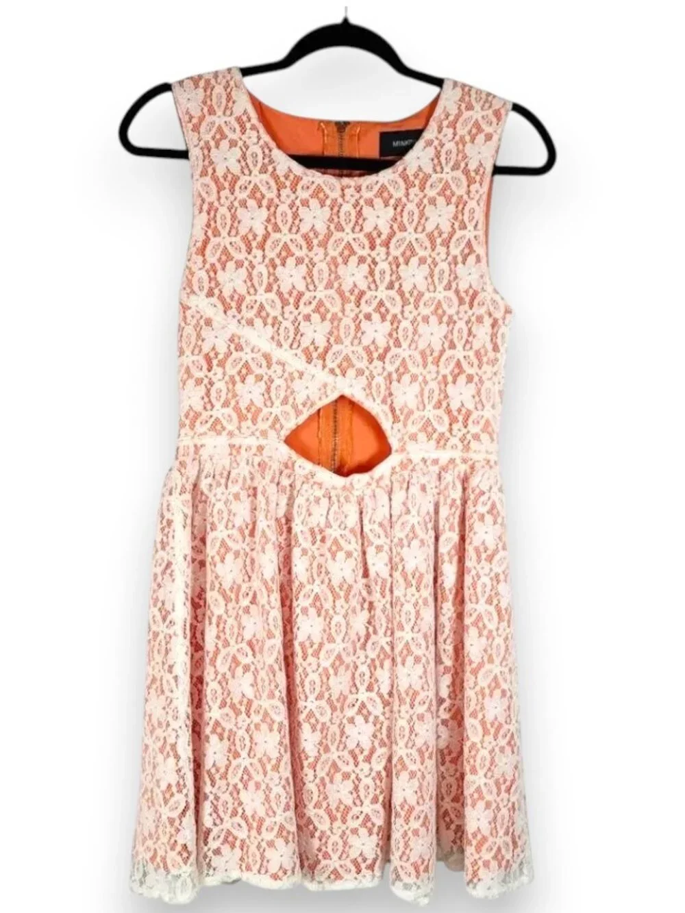 MINKPINK Lace Cutout Mini Dress Peach Ivory Fit Flare NWT Size Medium - Picture 2 of 15